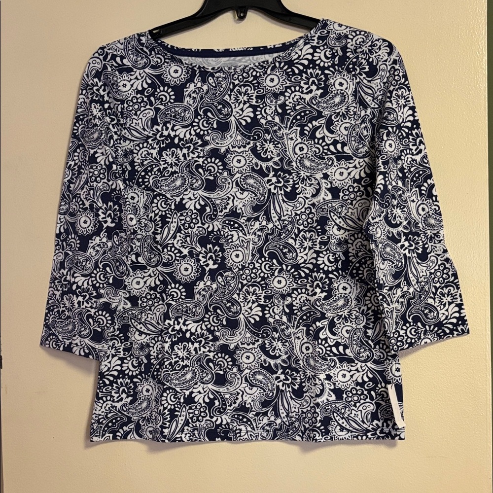 Talbots Navy and White Paisley Long Sleeve Top Lp